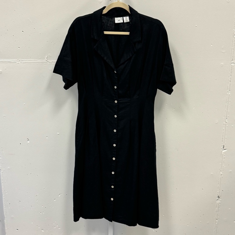 H by Halston Linen Blend Classic Button Down A-line Short Sleeve Black‎ Sz 10